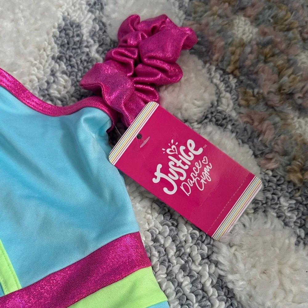 Justice Kids One-Piece Dance & Gym Suit - Blue and Pink with Neon Accents